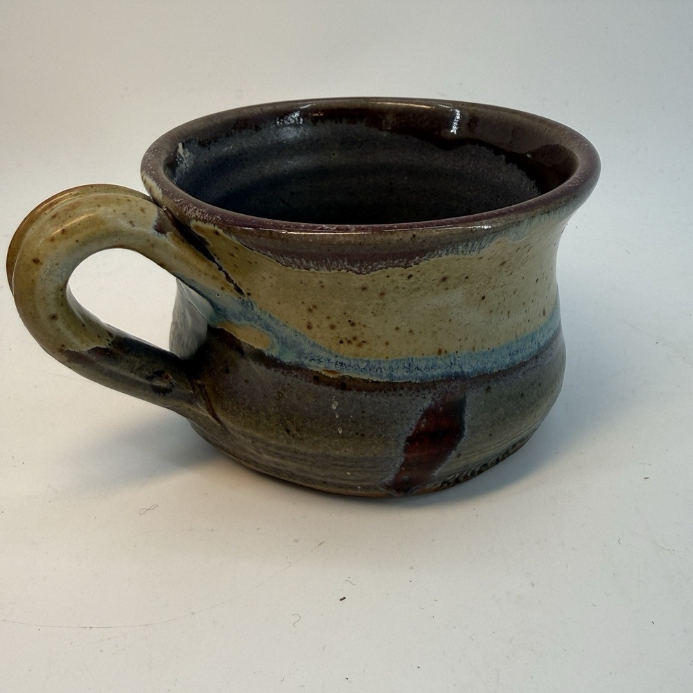 Hand Thrown Stoneware Art Pottery Glazed Brown Swirl Cup‎ Mug Applied Handle VTG